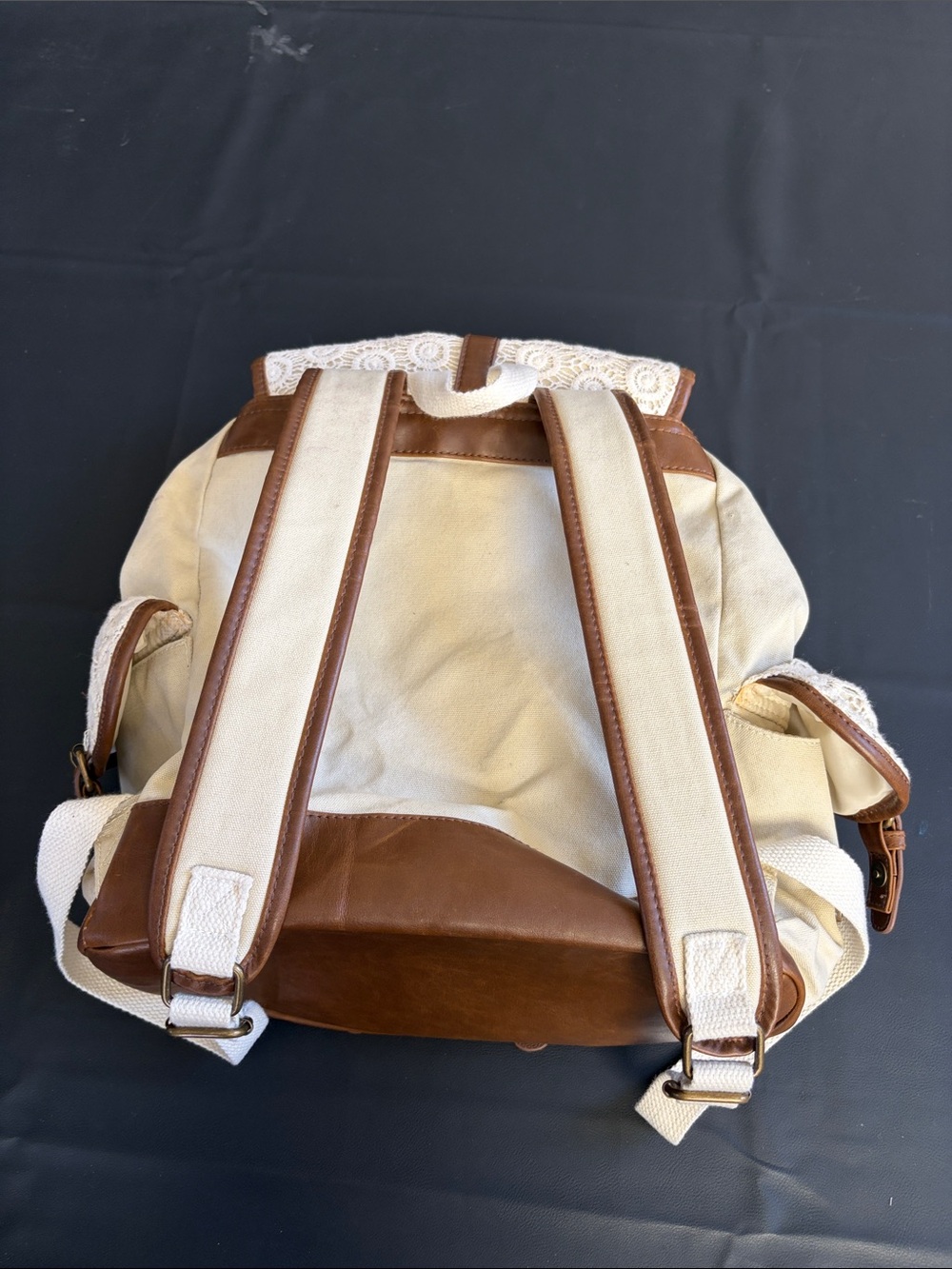 Mudd Crochet Lace Backpack Cream Brown Faux Leather Boho Festival Bag - Picture 6 of 11